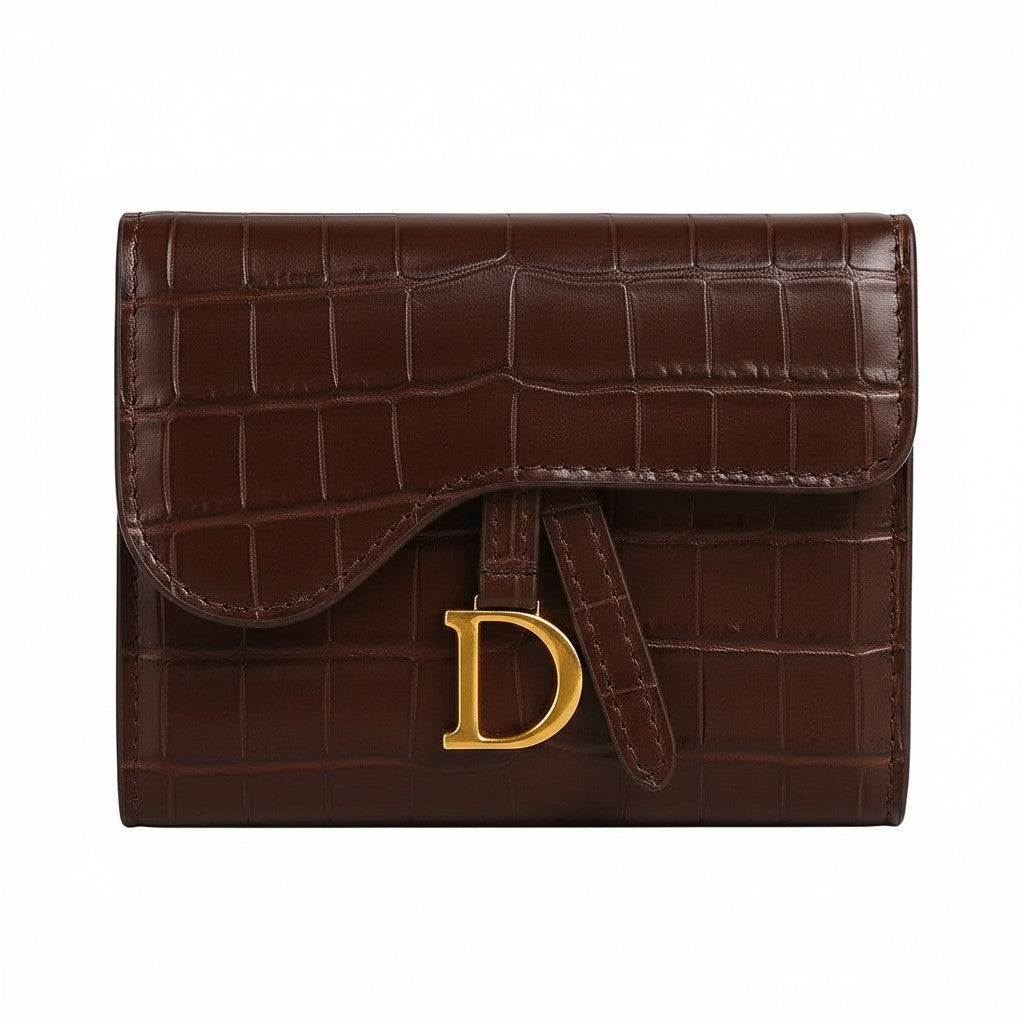 Luna Moda Rute wallet in dark brown faux crocodile leather with a gold-tone D-shaped metal accent on the front flap.