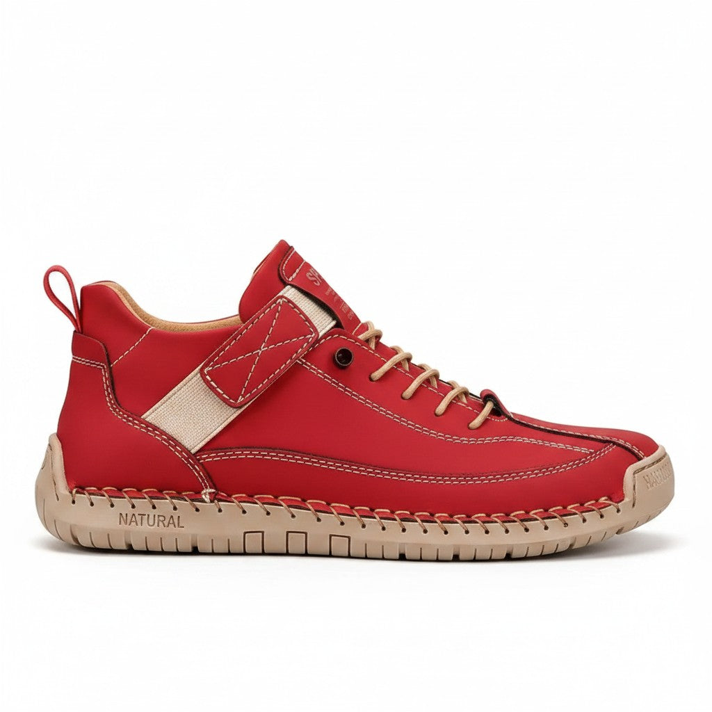 Luna Moda MEYA red orthopedic sneakers with wide toe box, cushioned sole, and elastic side panels for easy fit.