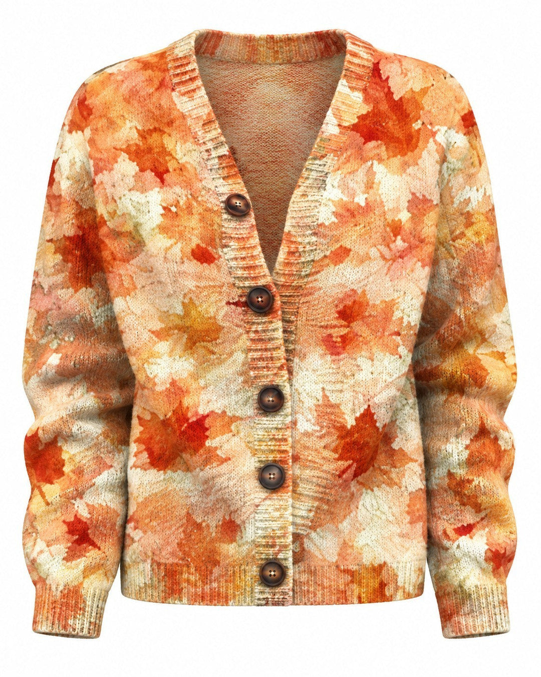 Luna Moda Silvia cardigan with autumn maple leaf print in orange, red, and cream with dark tortoiseshell buttons.