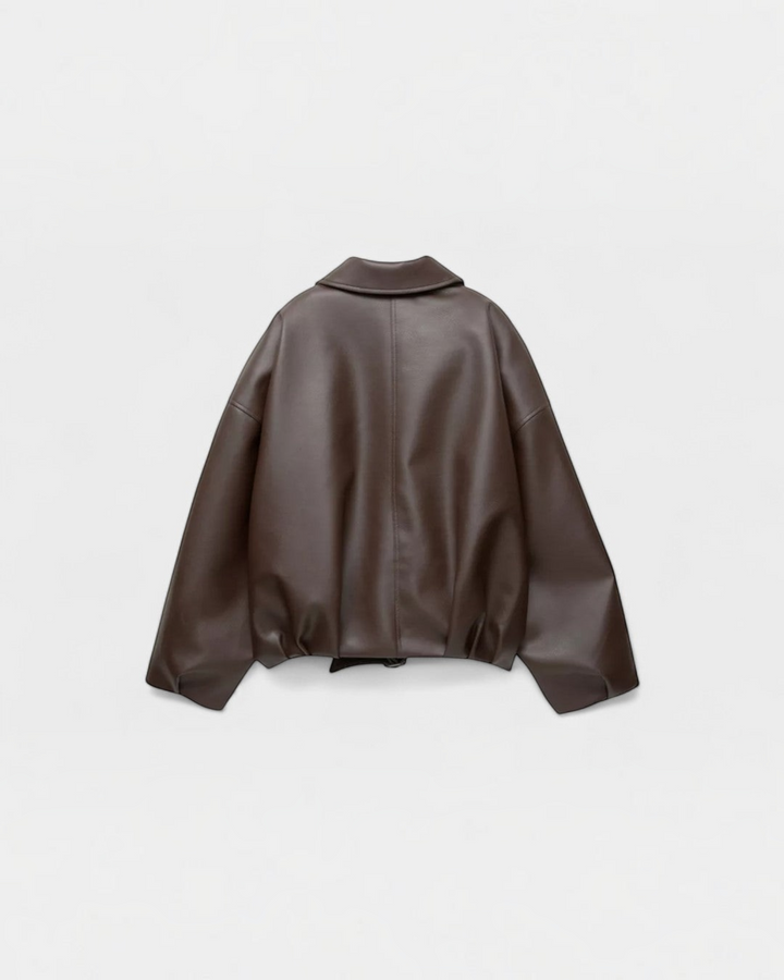 Luna Moda Alessandra brown faux leather jacket with a back view showing the adjustable waist belt and collar.