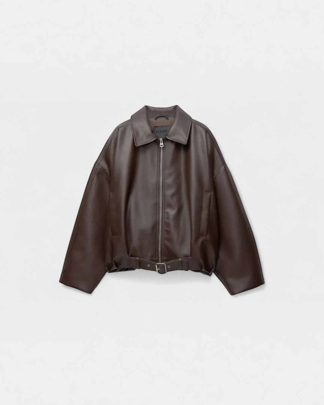 Luna Moda Alessandra brown faux leather jacket with a classic collar, front zip closure, and adjustable waist belt.