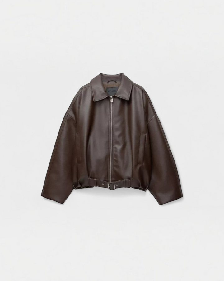 Luna Moda Alessandra brown faux leather jacket with a classic collar, front zip closure, and adjustable waist belt.