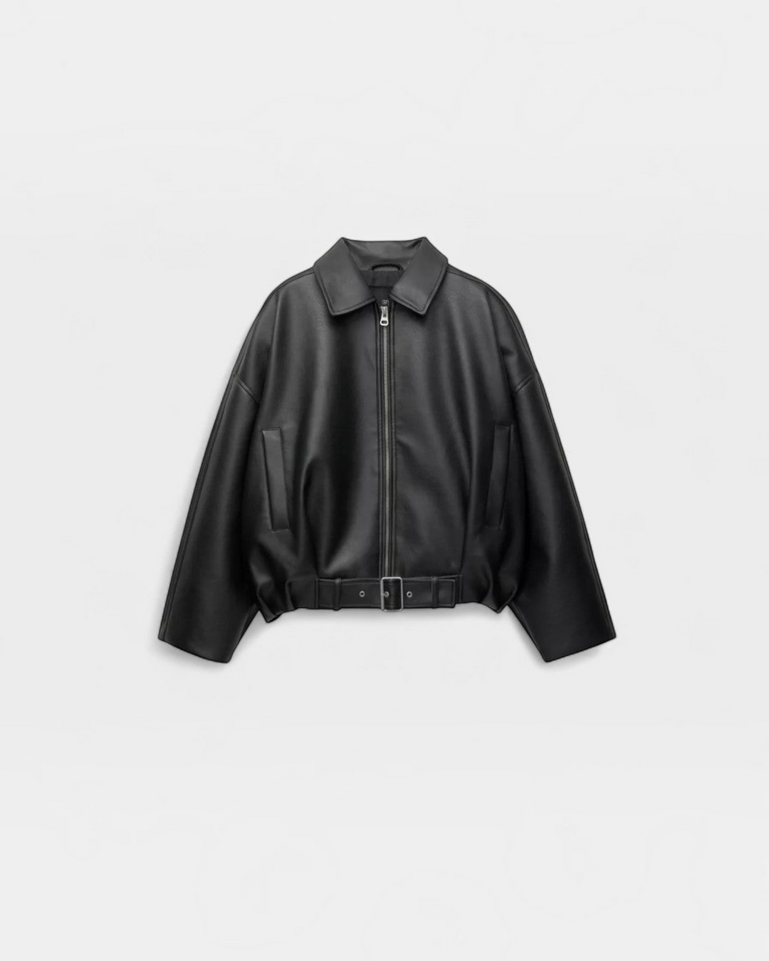 Luna Moda Alessandra black faux leather jacket with a classic collar, front zipper, and adjustable waist belt.