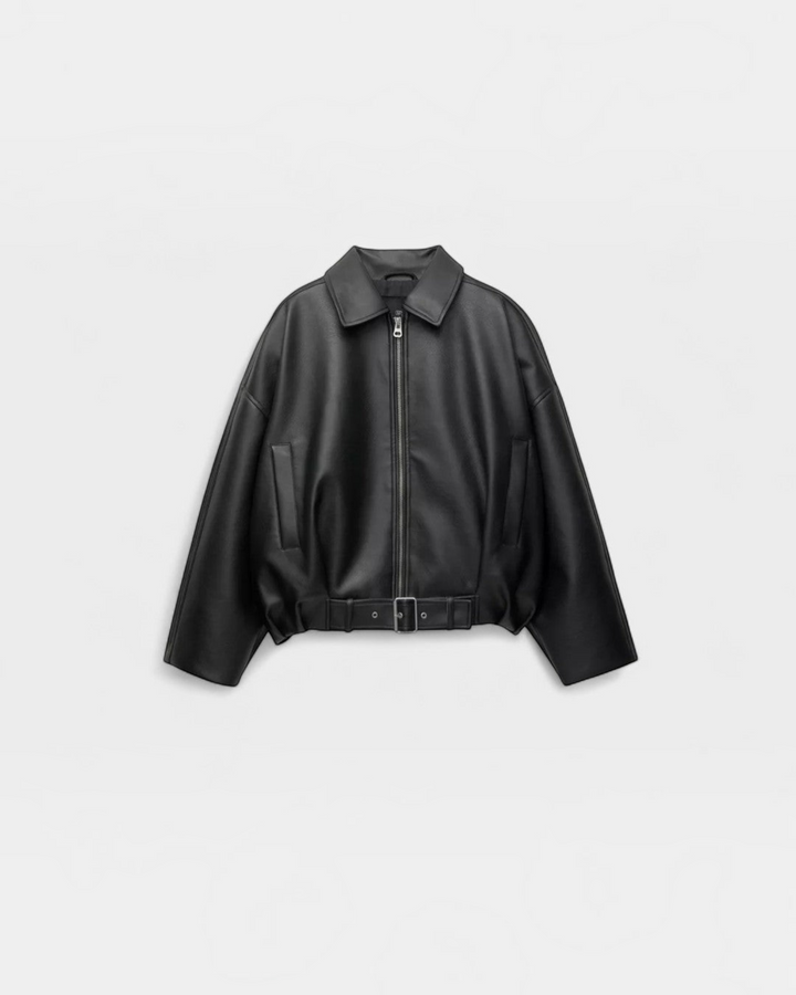 Luna Moda Alessandra black faux leather jacket with a classic collar, front zipper, and adjustable waist belt.