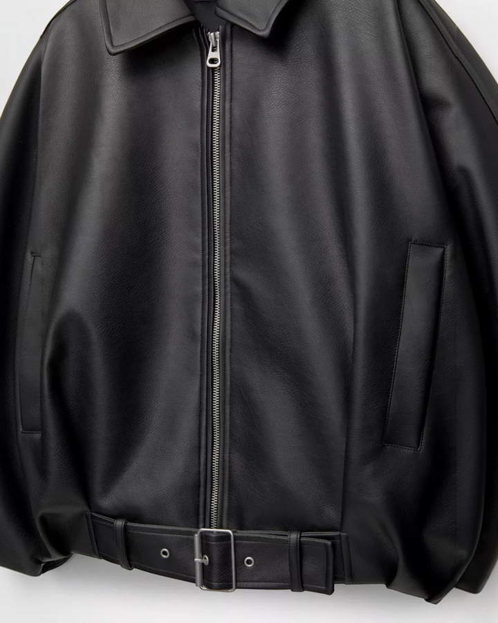 Luna Moda Alessandra black faux leather jacket with a front zipper and adjustable waist belt