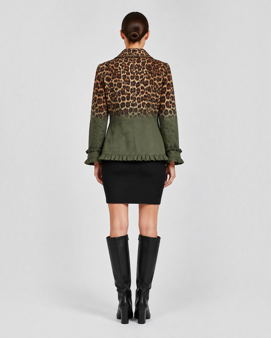 Back view of Luna Moda Emma blazer featuring a leopard print top, olive green bottom, and ruffled hem detail.