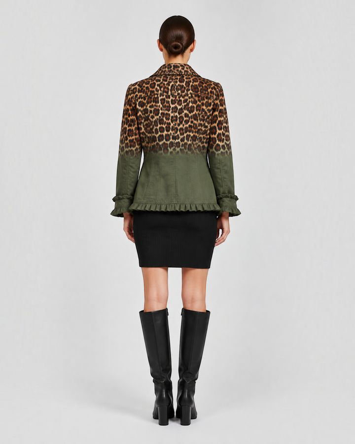 Back view of Luna Moda Emma blazer featuring a leopard print top, olive green bottom, and ruffled hem detail.