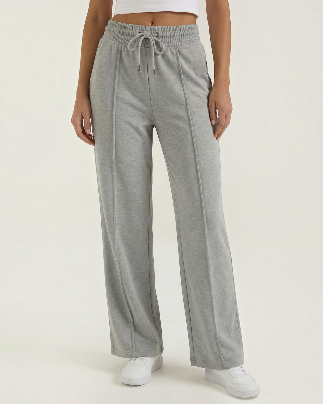 Luna Moda high-waisted grey wide-leg sweatpants with an adjustable drawstring waist and front seam detailing.