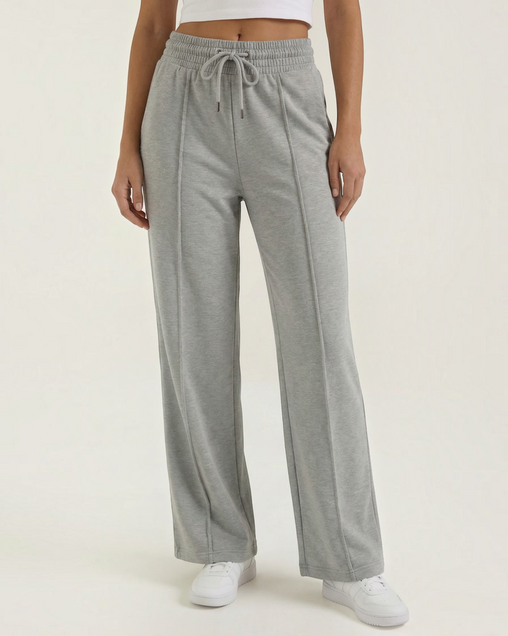 Luna Moda high-waisted grey wide-leg sweatpants with an adjustable drawstring waist and front seam detailing.