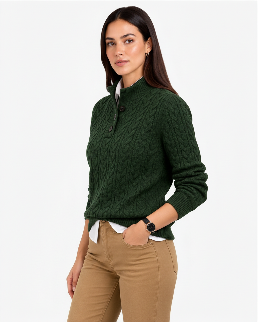 Monica – Maglione con collo alto e bottoni in verde scuro, dettaglio | Luna Moda
