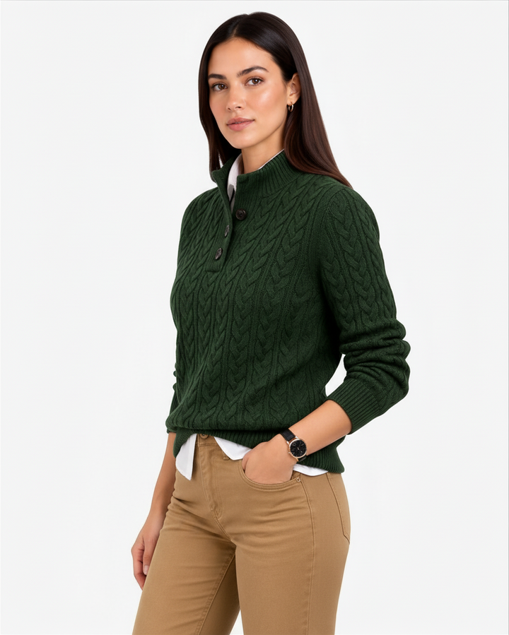 Monica – Maglione con collo alto e bottoni in verde scuro, dettaglio | Luna Moda