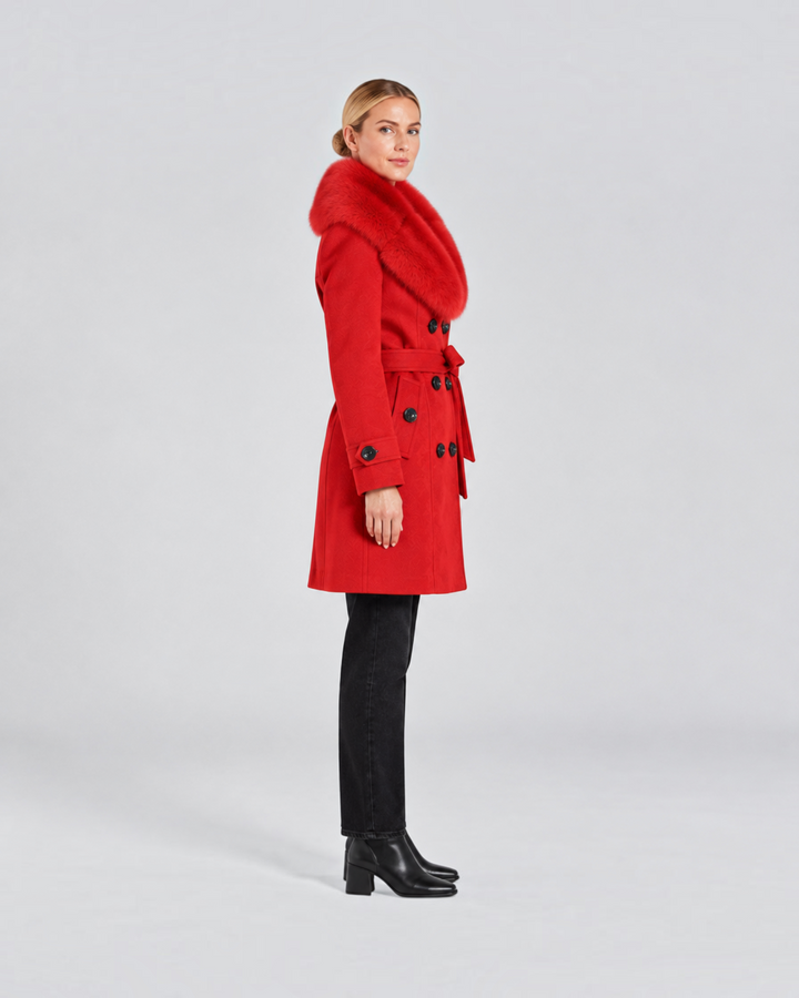 Luna Moda red short tailored winter coat with faux fur collar and belted waist worn by a model