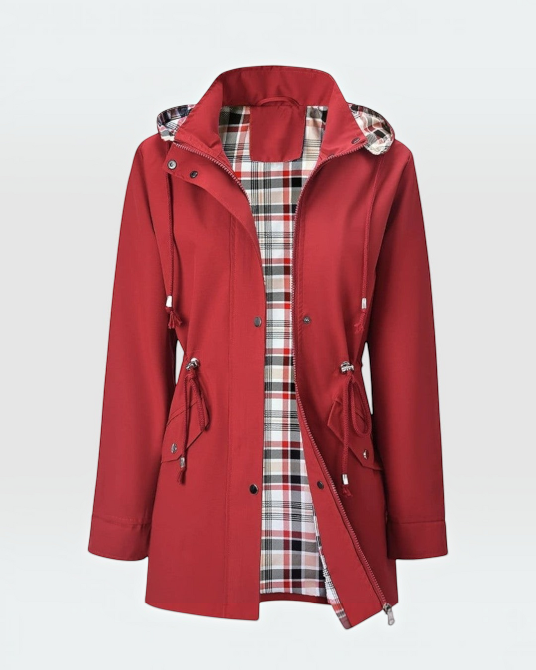 Luna Moda red waterproof jacket with hood, adjustable waist, and plaid lining for women