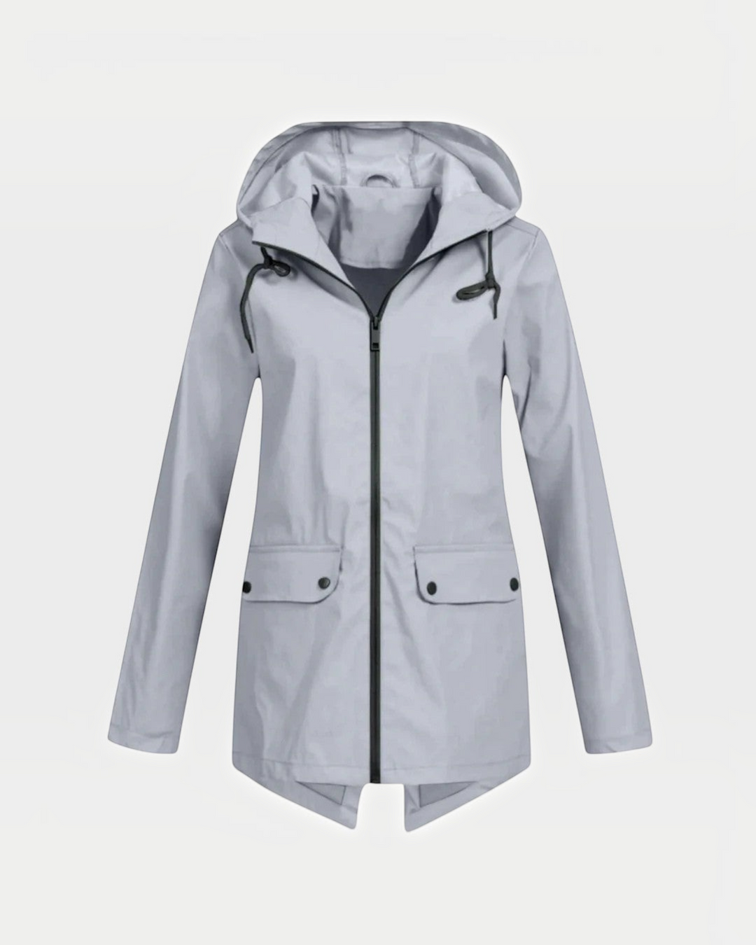 Luna Moda IOLANDA light grey breathable waterproof jacket with hood, front zipper, and flap pockets.