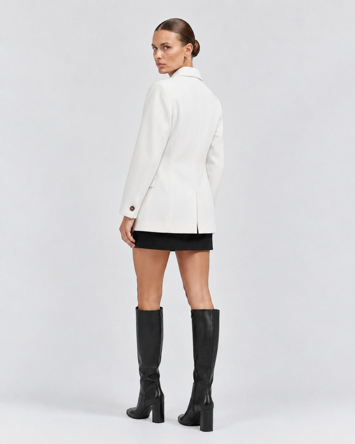 Luna Moda white classic blazer worn by a model with a black skirt and knee-high boots, back view