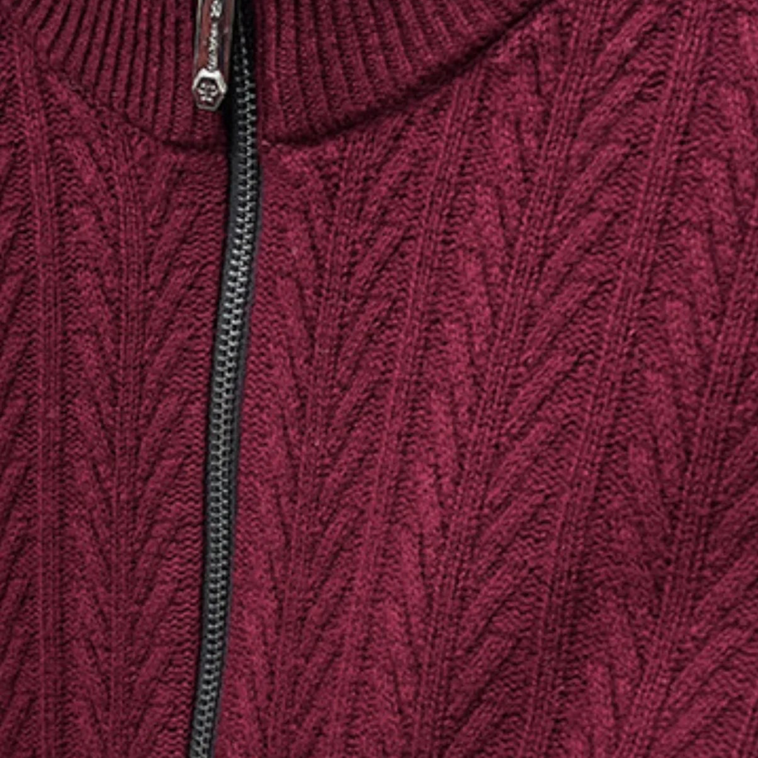 Luna Moda Regalia burgundy pure wool sweater featuring a ribbed texture and a sleek metal zip closure.