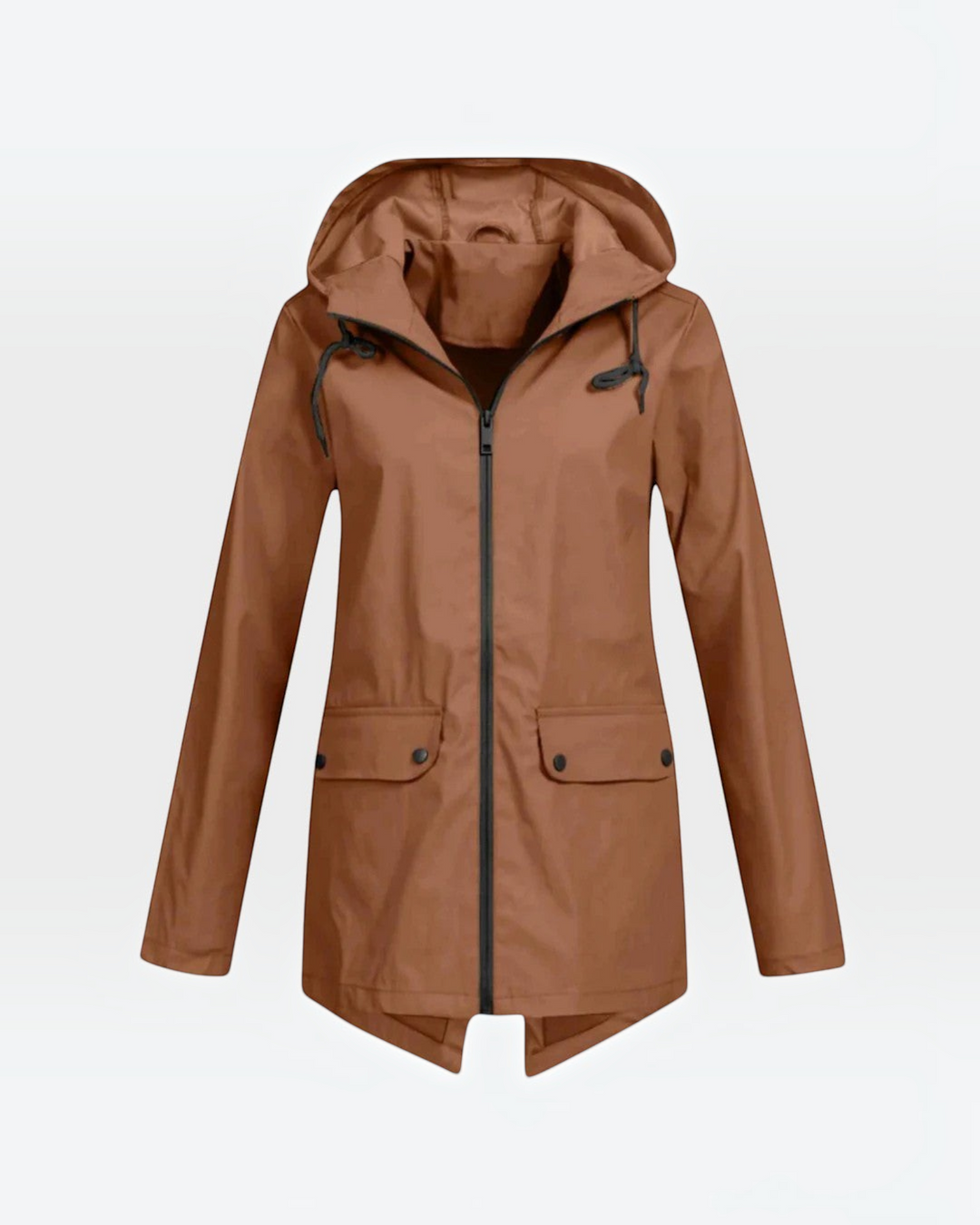 Luna Moda Iolanda brown waterproof breathable hooded jacket with front zipper and flap pockets