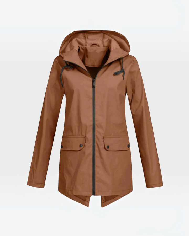 Luna Moda Iolanda brown waterproof breathable hooded jacket with front zipper and flap pockets