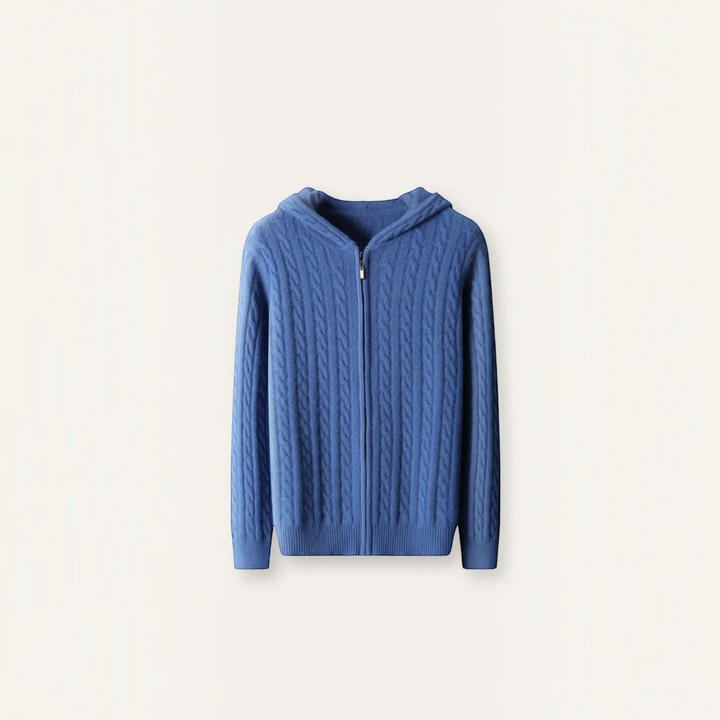 Luna Moda blue cable-knit zip-up hoodie made from a soft wool, acrylic, and cotton blend for casual comfort.