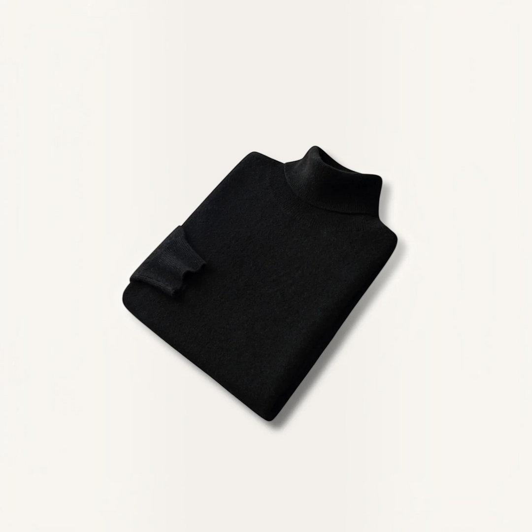 Luna Moda David black turtleneck sweater in 100% cashmere with ribbed collar and cuffs, folded flat.