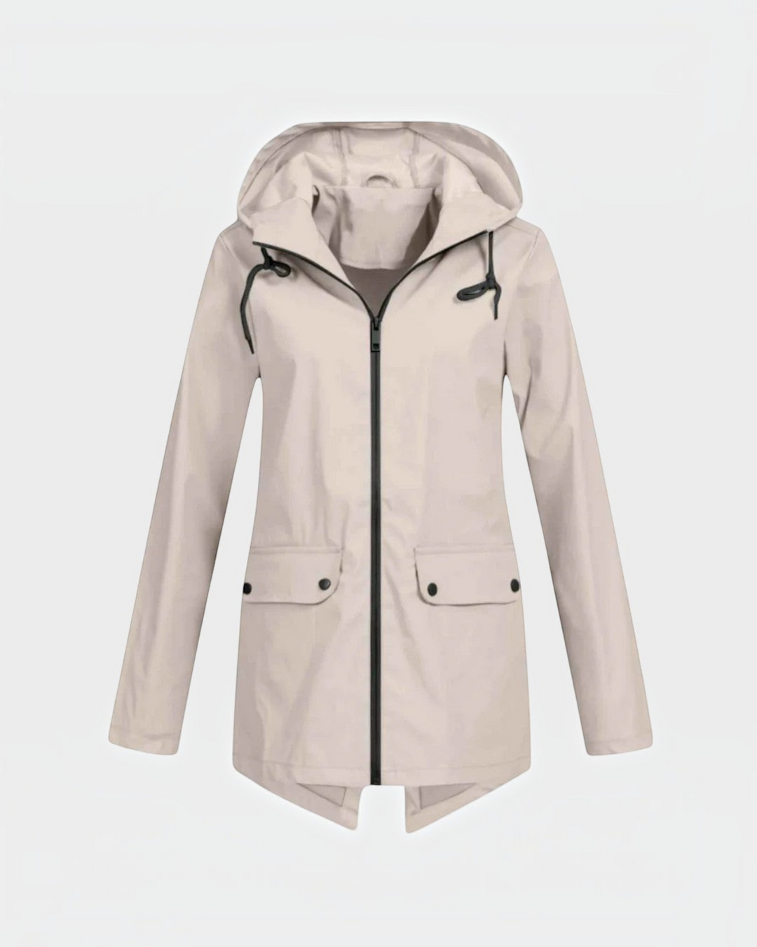 Luna Moda IOLANDA beige waterproof breathable jacket with a hood, black zipper, and front pockets.