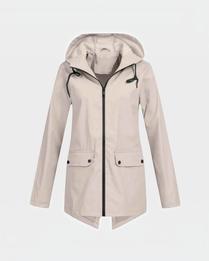 Luna Moda IOLANDA beige waterproof breathable jacket with a hood, black zipper, and front pockets.