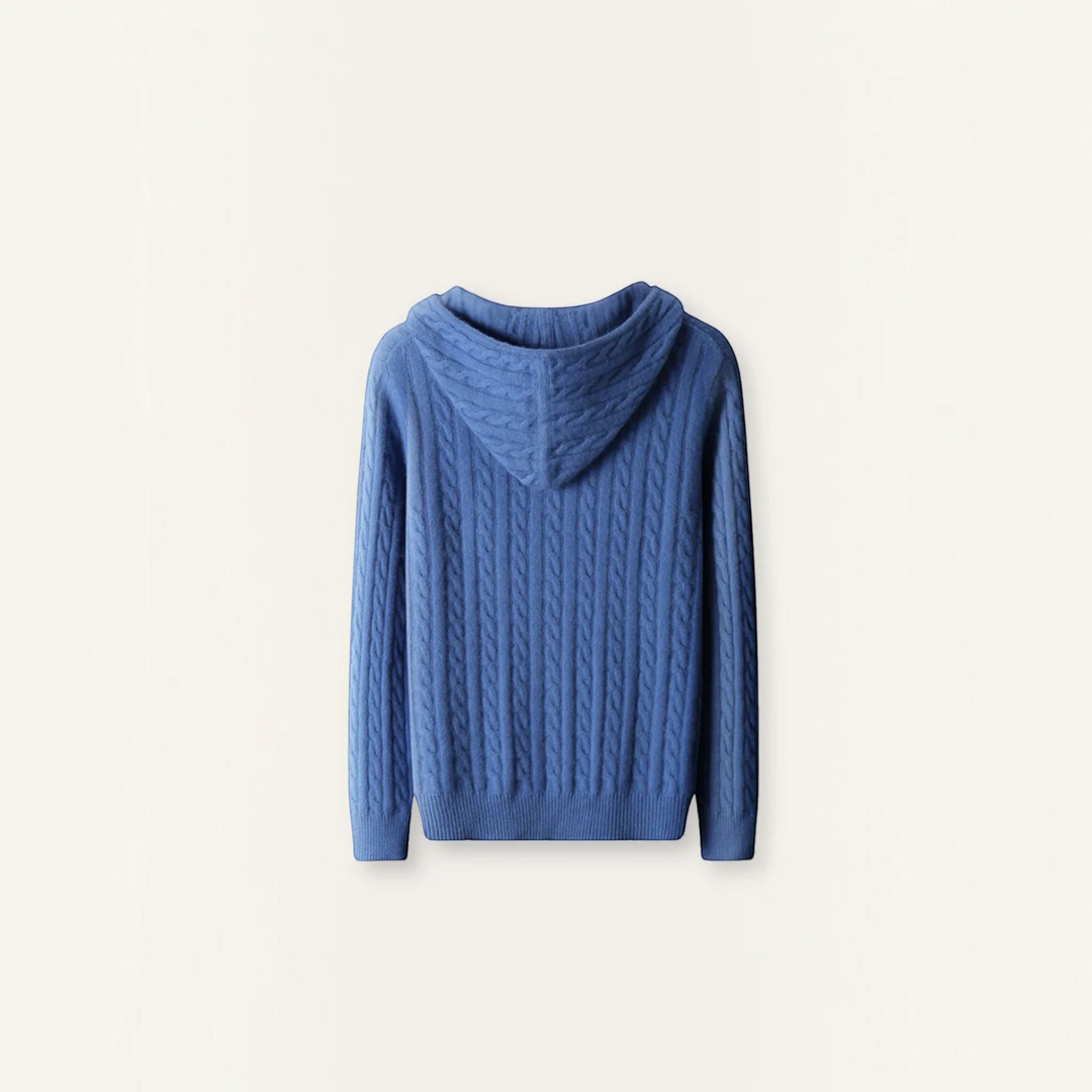 Luna Moda blue cable knit hooded sweater made from a soft wool blend, shown from the back.