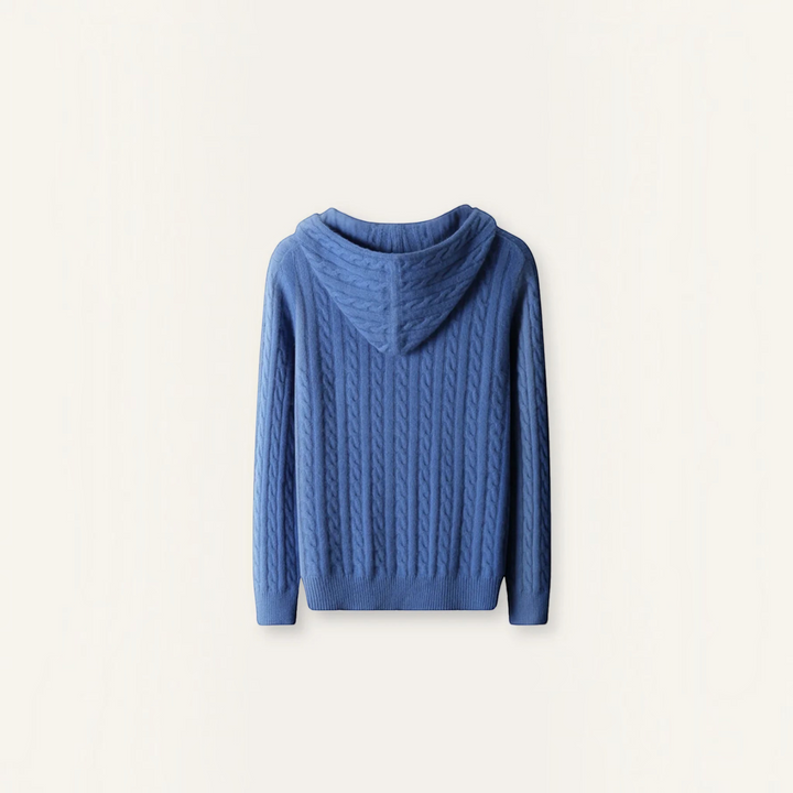 Luna Moda blue cable knit hooded sweater made from a soft wool blend, shown from the back.