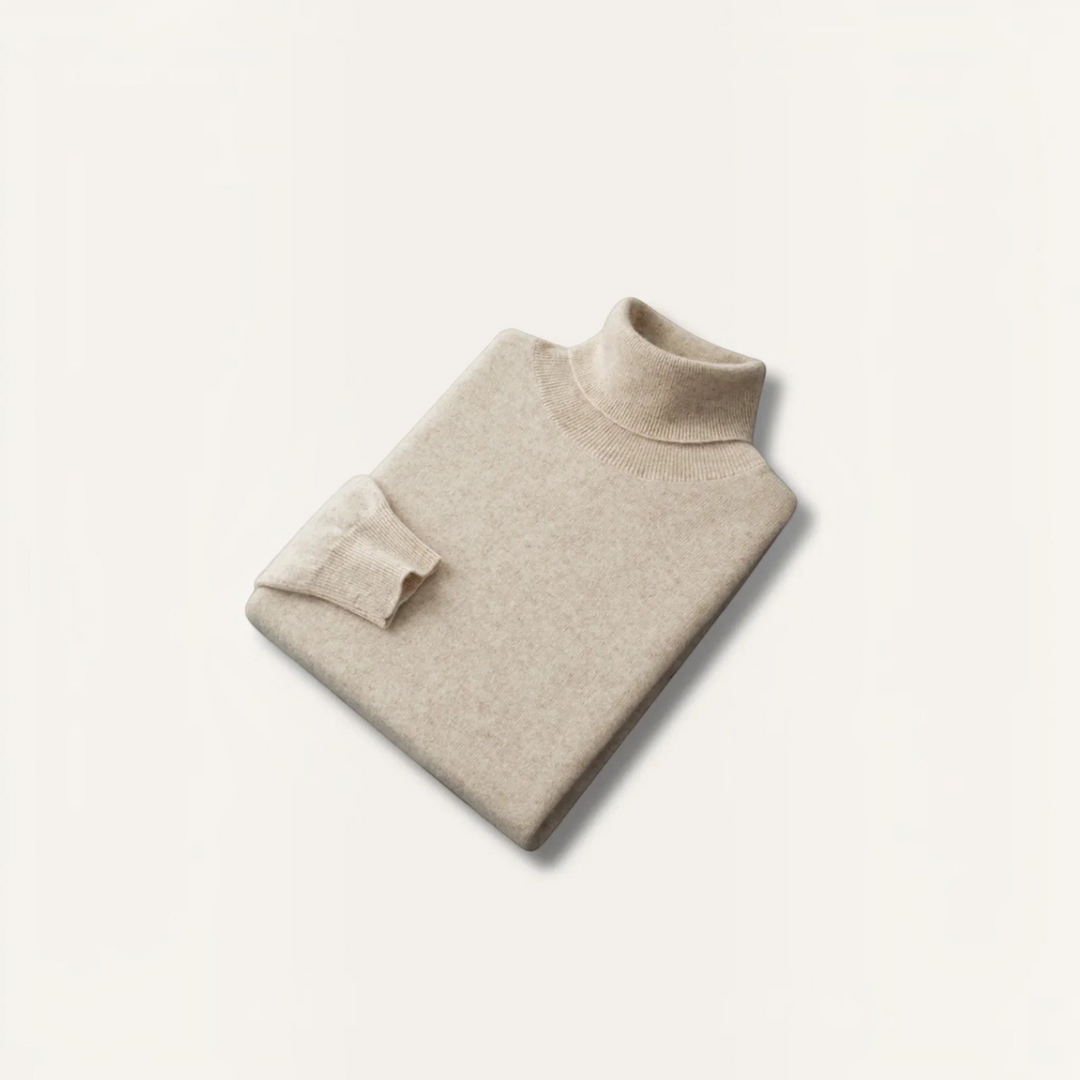 Luna Moda David beige turtleneck sweater in soft 100% Grade A cashmere with ribbed collar and cuffs
