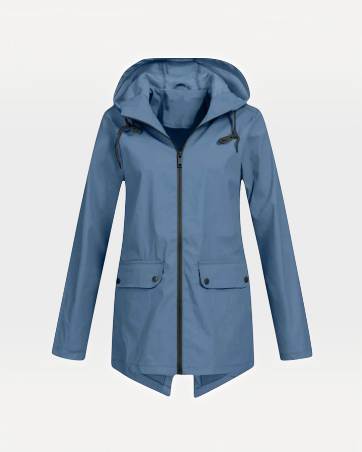 Luna Moda IOLANDA blue breathable waterproof jacket with hood, front zipper, and flap pockets for daily wear.