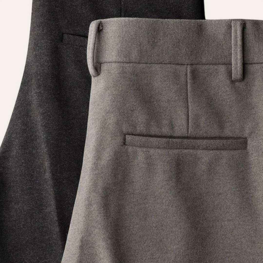 Luna Moda JAMES trousers in charcoal and grey wool-polyester blend with structured waistband and back pockets