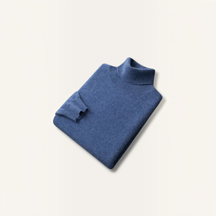 Luna Moda David blue 100% cashmere turtleneck sweater with ribbed collar and cuffs, folded flat.