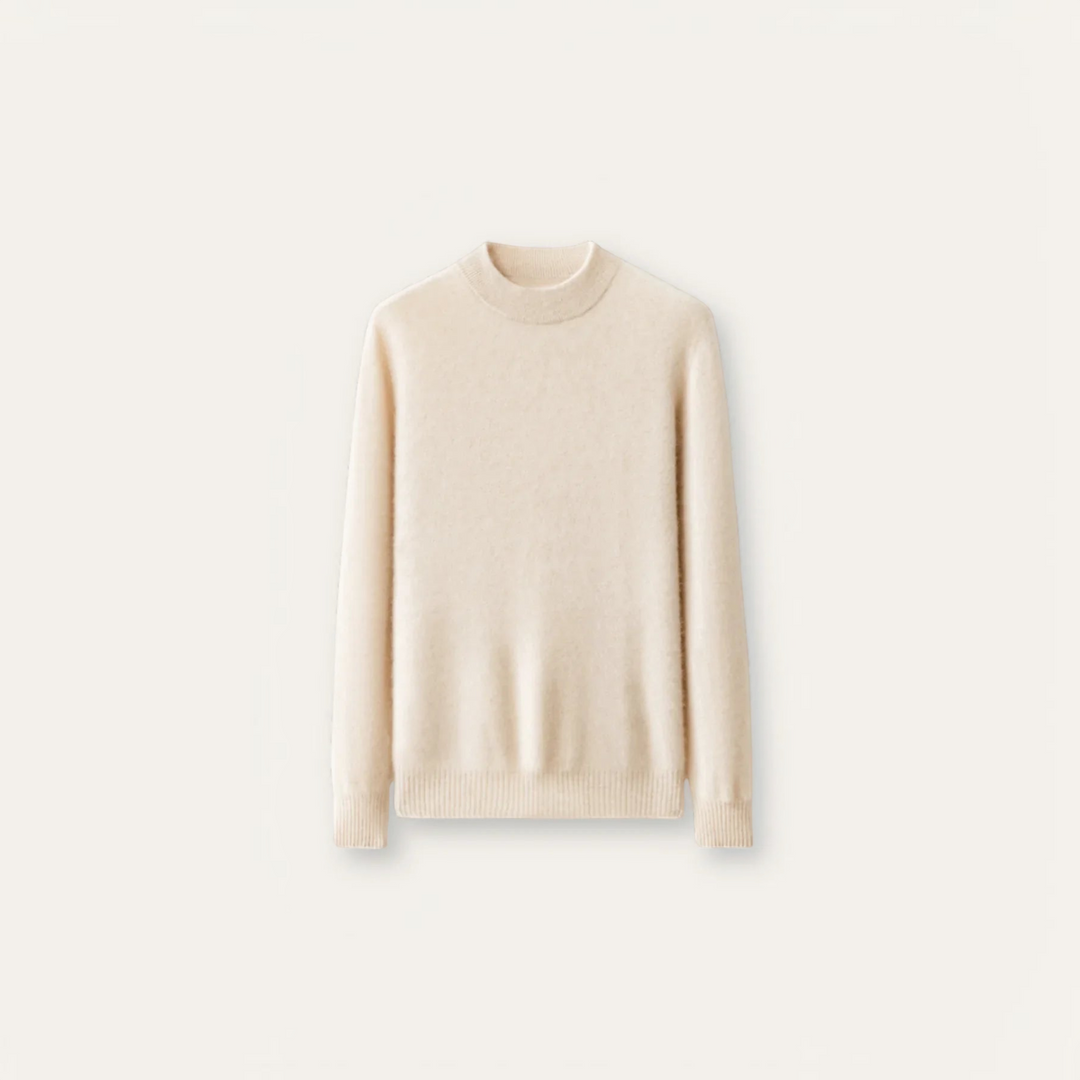 Luna Moda beige cashmere and wool blend sweater with a mock neck and ribbed hem and cuffs