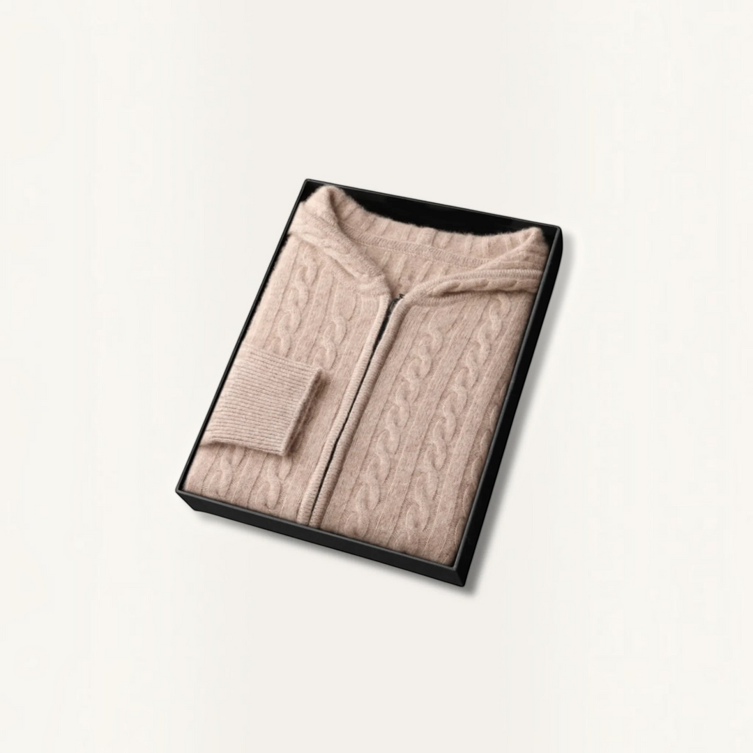 Luna Moda Skylar beige cable knit hooded sweater made of wool, acrylic, and cotton blend in a gift box.