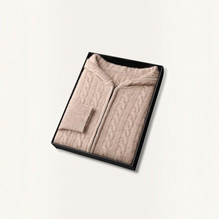 Luna Moda Skylar beige cable knit hooded sweater made of wool, acrylic, and cotton blend in a gift box.