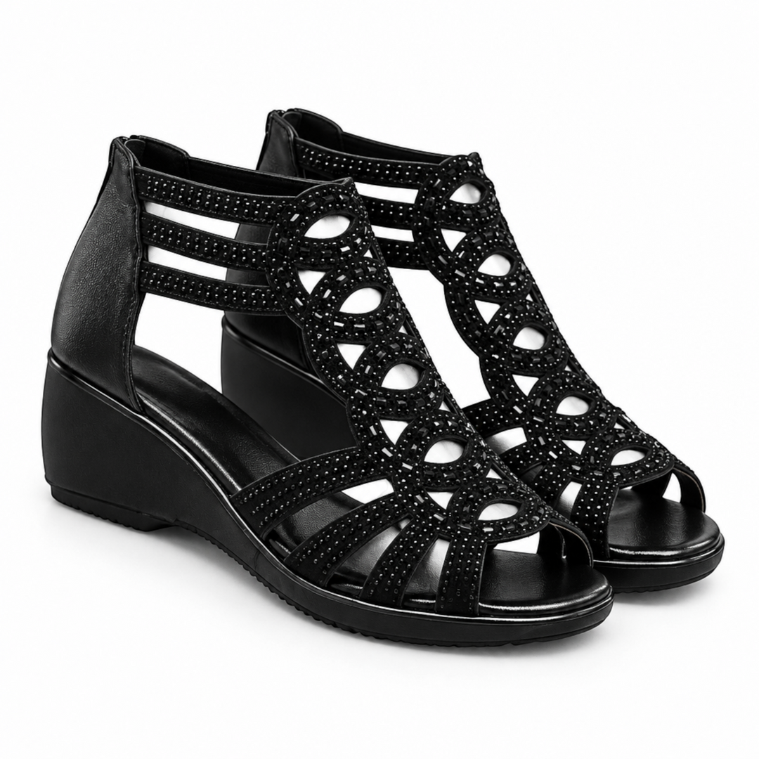 Luna Moda Mariana black orthopedic wedge sandals with decorative cut-out patterns and rhinestone embellishments