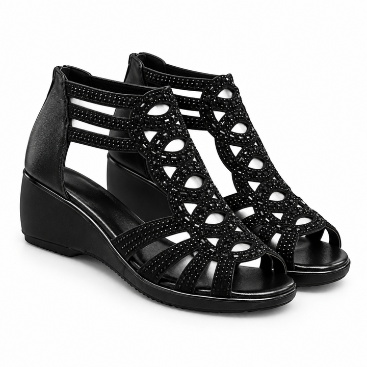 Luna Moda Mariana black orthopedic wedge sandals with decorative cut-out patterns and rhinestone embellishments