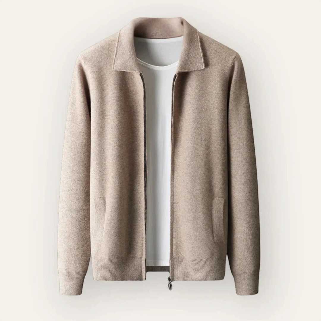 Luna Moda Riccardo beige wool and nylon blend polo collar cardigan with front zipper over a white t-shirt