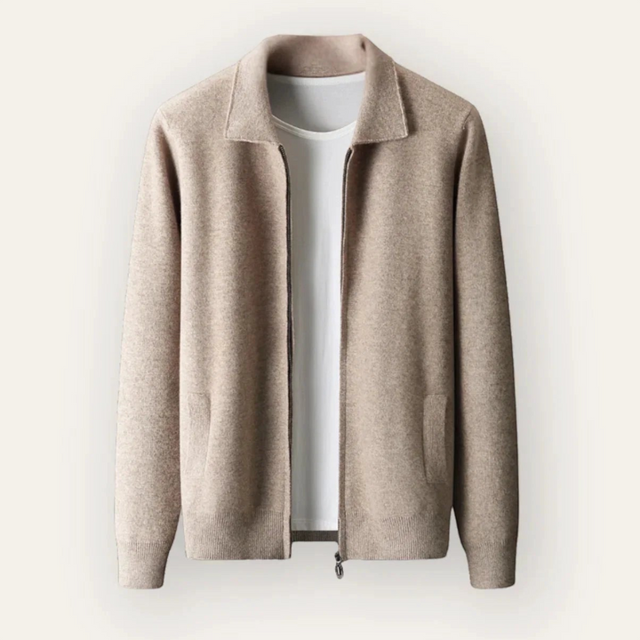 Luna Moda Riccardo beige wool and nylon blend polo collar cardigan with front zipper over a white t-shirt