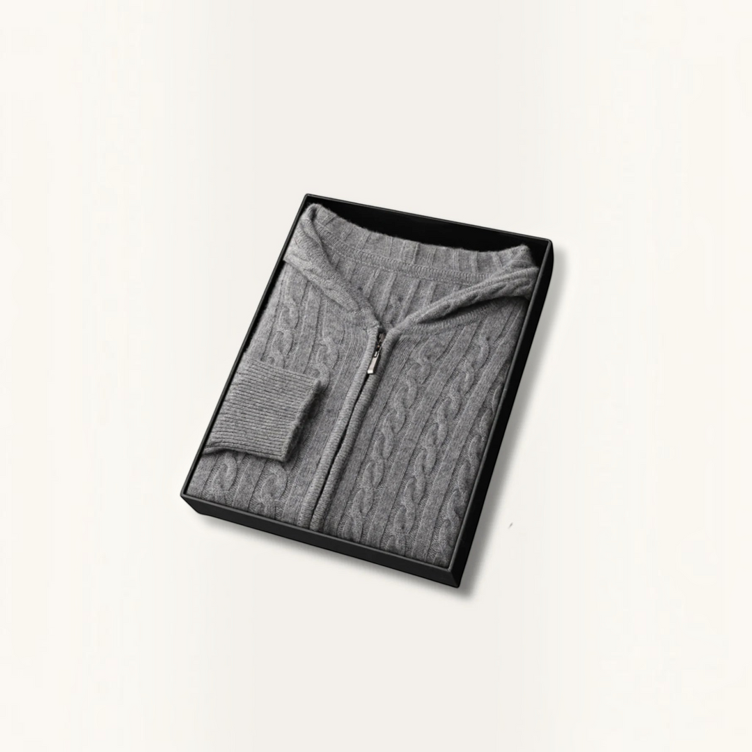 Luna Moda Skylar grey cable-knit hooded sweater made from a soft wool, acrylic, and cotton blend in a gift box.
