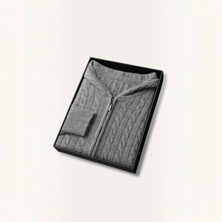 Luna Moda Skylar grey cable-knit hooded sweater made from a soft wool, acrylic, and cotton blend in a gift box.