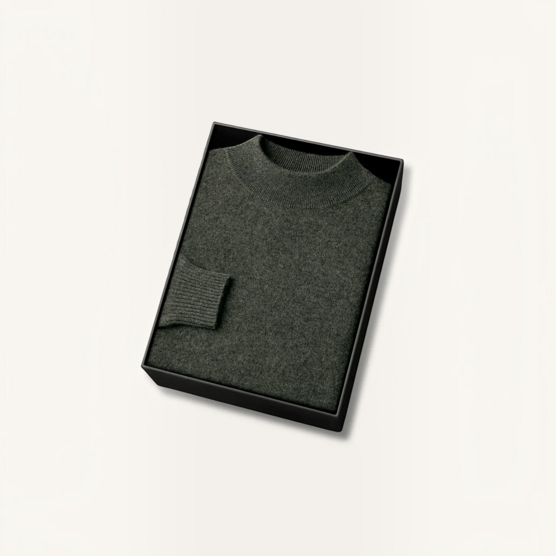 Luna Moda Michael dark green cashmere and wool blend sweater with ribbed collar and cuffs in a black gift box