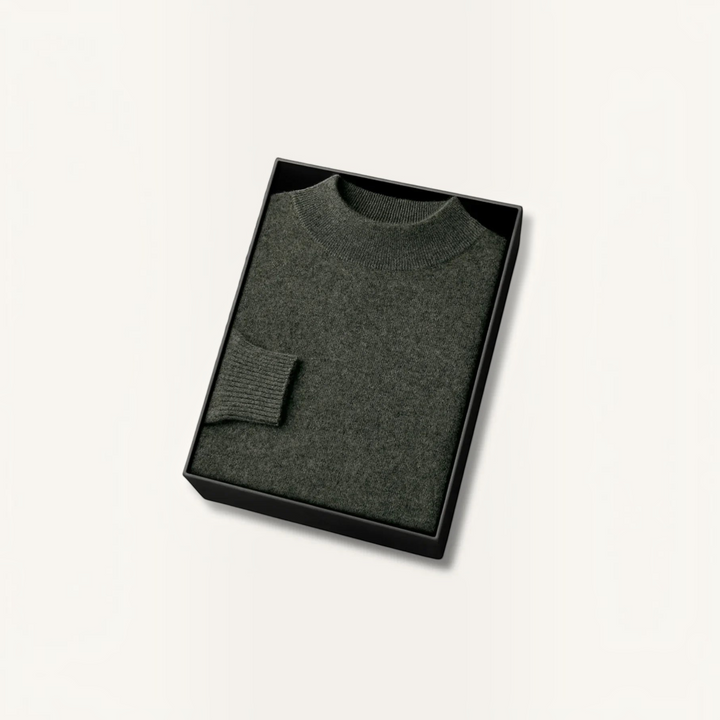 Luna Moda Michael dark green cashmere and wool blend sweater with ribbed collar and cuffs in a black gift box