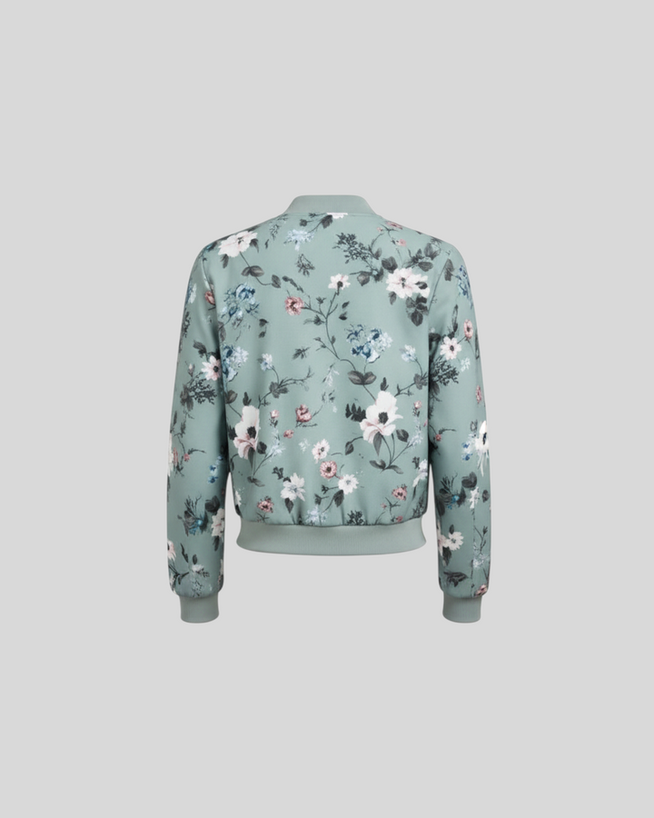Luna Moda Arianna bomber jacket in sage green with a vibrant floral print, back view, made of breathable polyester.