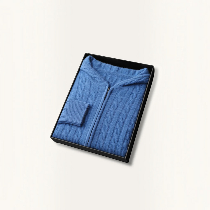 Luna Moda blue cable-knit hooded sweater made from a soft wool, acrylic, and cotton blend in a gift box.