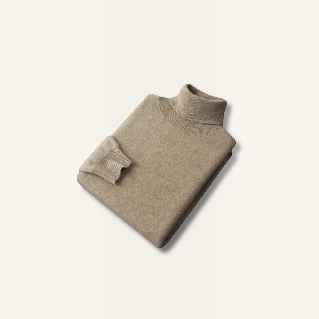 Luna Moda David beige 100% cashmere turtleneck sweater with ribbed collar and cuffs, folded flat.