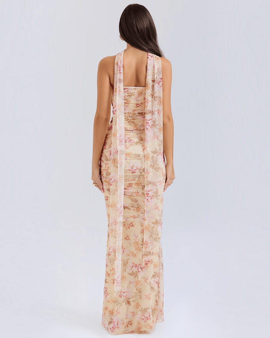 Luna Moda Seraphina floral mesh corset dress with a draped bodice and long removable scarf, back view