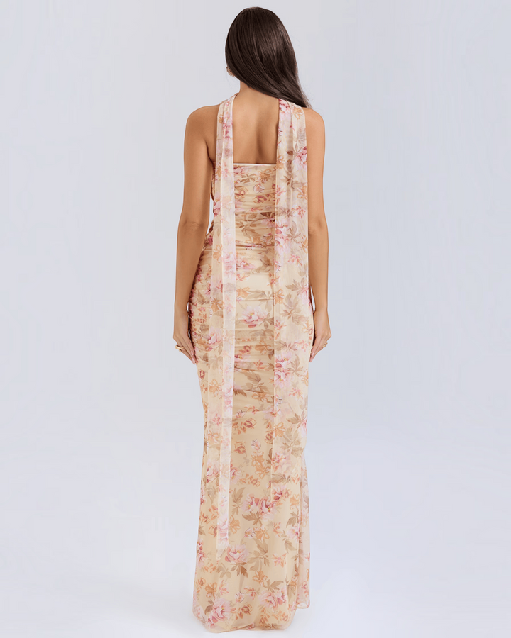 Luna Moda Seraphina floral mesh corset dress with a draped bodice and long removable scarf, back view