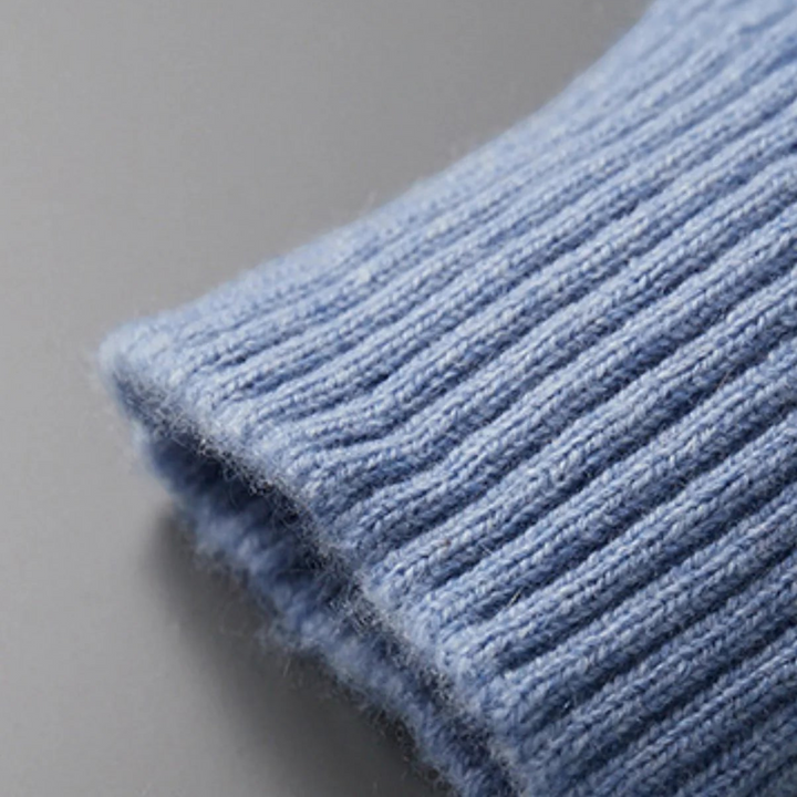 Luna Moda light blue ribbed turtleneck sweater cuff made from a soft cashmere and wool blend