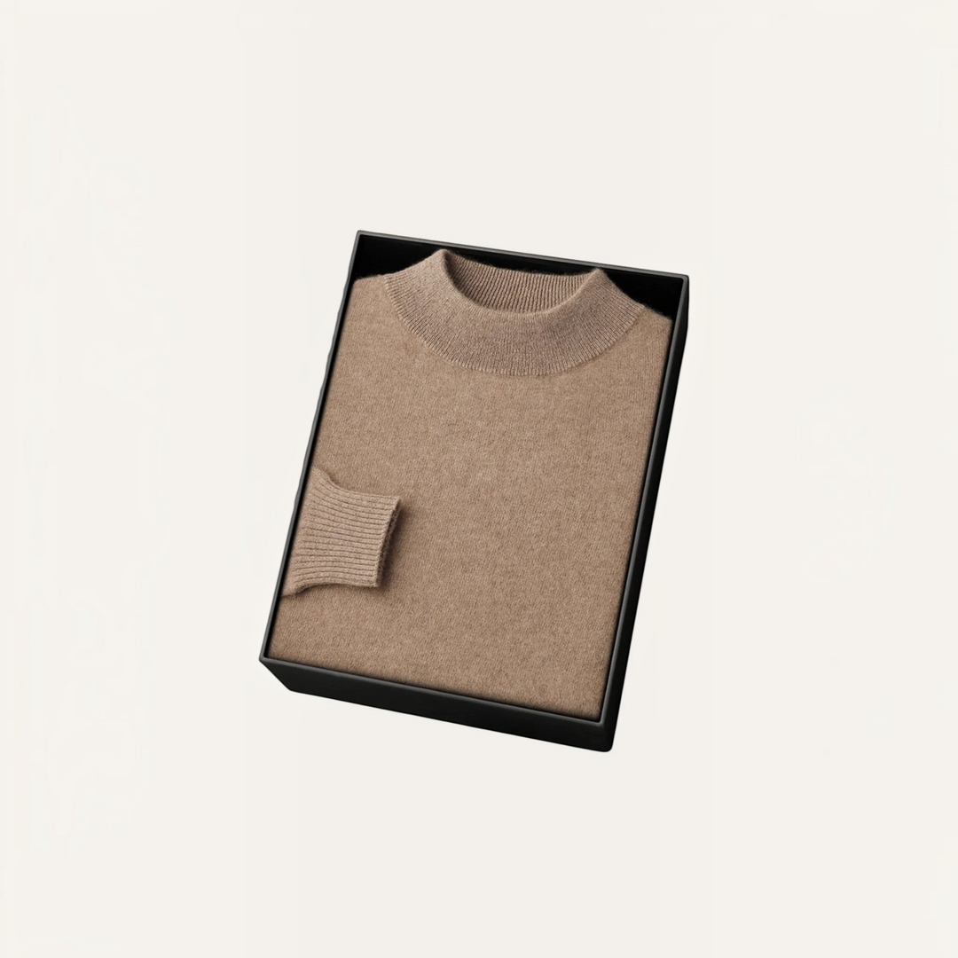 Luna Moda beige cashmere and wool blend sweater with ribbed mock neck and cuffs, presented in a black gift box.